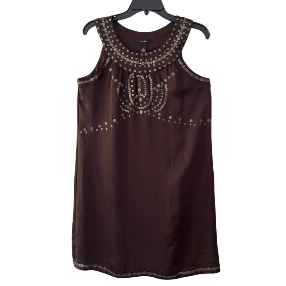 Alfani Shift Dress Boho Metal Embellishments Brown Lined Sleeveless Size 6